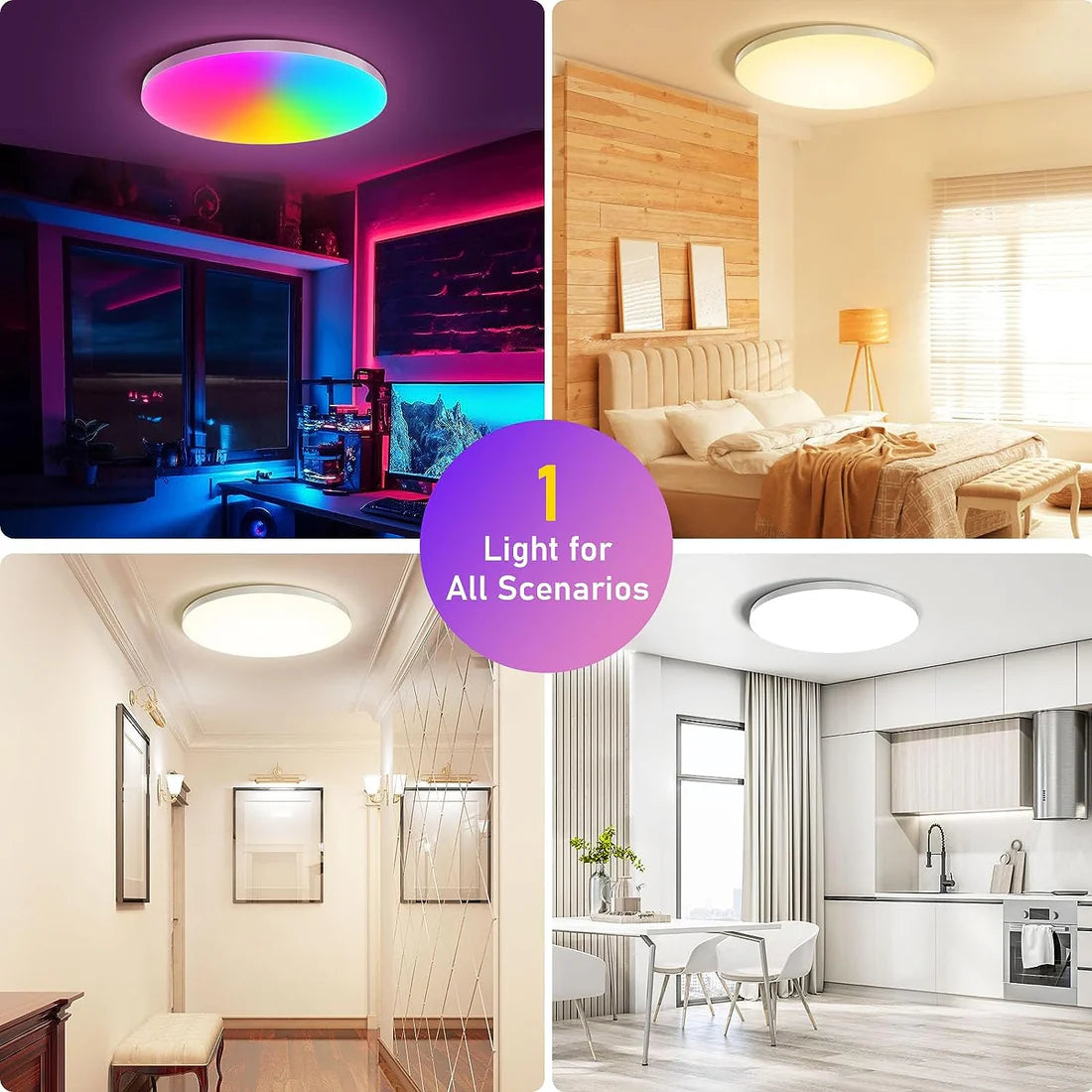 12 Inch 24W White / Black Smart RGBCW Round Slim LED Ceiling Lights – AC 220–240V | RGB Color Changing, 2700K–6500K Adjustable with Dimmable Brightness | Compatible with Alexa/Google Home/APP Control WiFi Light for Bedroom/Kids Room/Party – 2-Pack