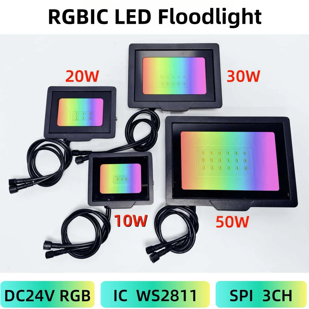 LightingWill FL-IC Series RGBIC LED Flood Light 10W-50W WS2811 Addressable IP66 24V DC Outdoor Landscape Light Aluminum Housing Wall Wash Stage Lighting 2/10-Pack