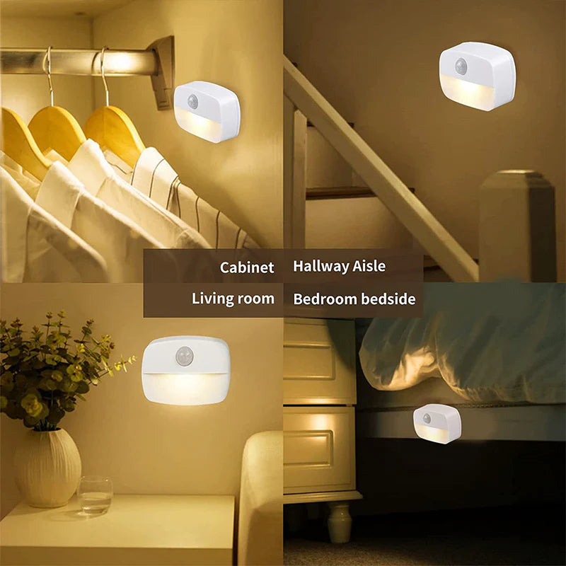 LightingWill PIR Motion Sensor LED Night Light Battery Operated Stick On Under Cabinet Light Warm White Daylight White for Stairway Kitchen Hallway 4 Pack 10 Pack