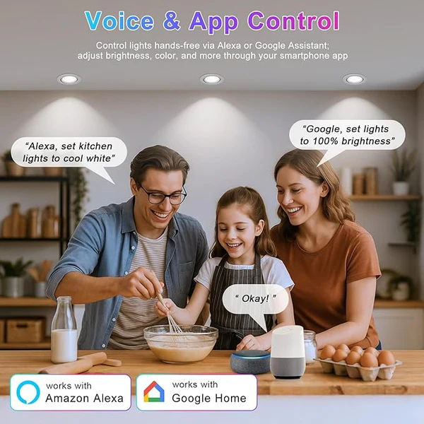 Smart RGB Downlight – COB WiFi Recessed Lighting, 2 Inch 5W, Dimmable RGB + CCT 2700–6500K, Works with Alexa & Google, 100–240V, White Housing, 4 / 6 / 10 / 12 Pack Options