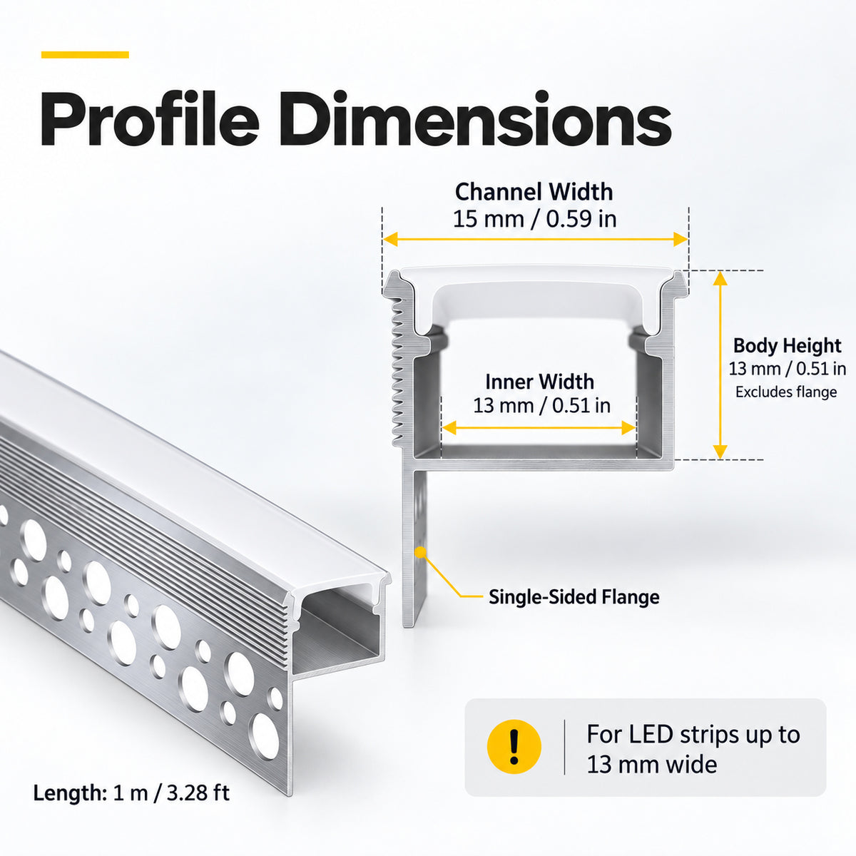 Silver XT-1118 One-Sided LED Aluminum Channel for Plaster-In Drywall, Fits LED Strips Up to 12mm Wide, with Milky White Diffuser