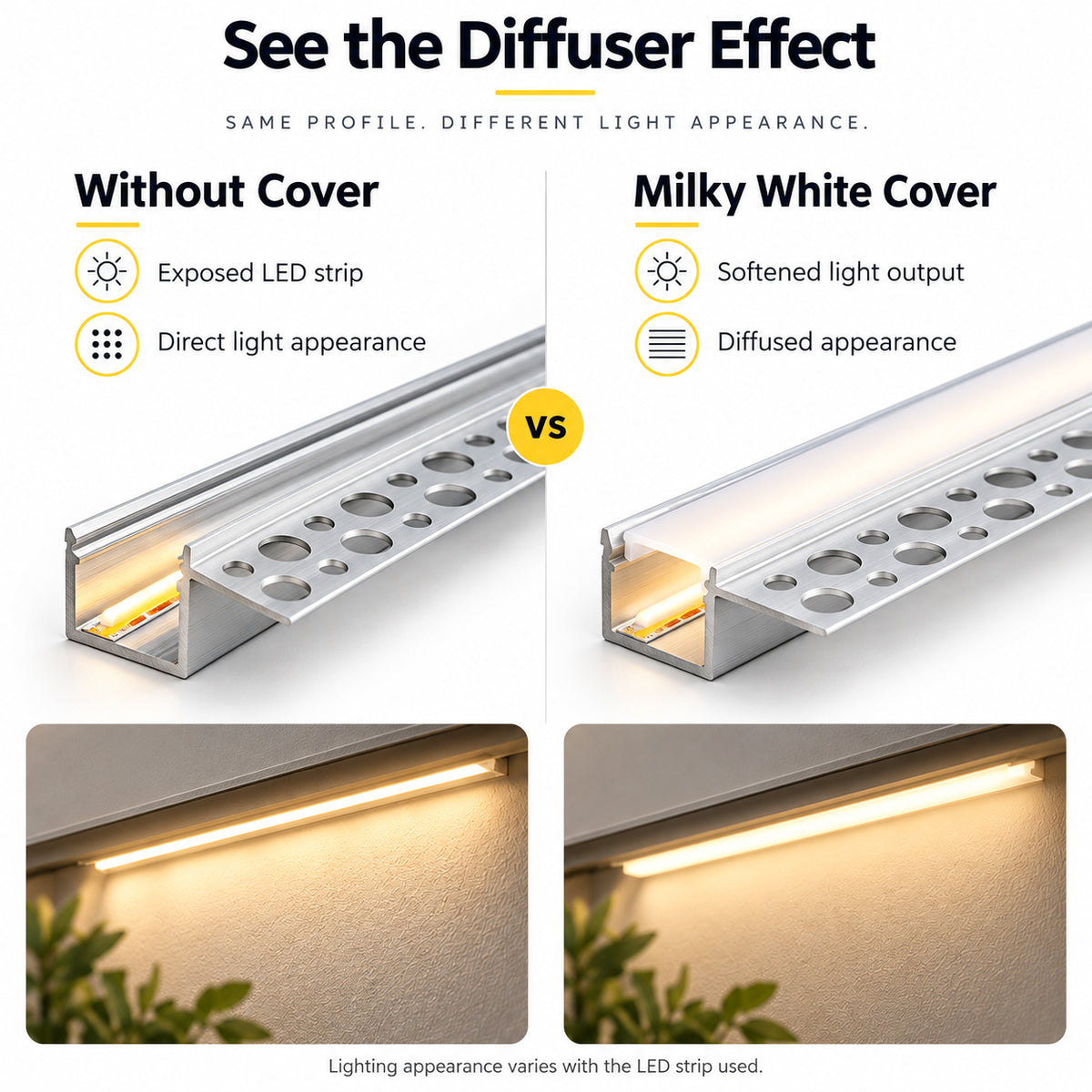 Silver XT-1138 One-Sided LED Aluminum Channel for Plaster-In Drywall, Fits LED Strips Up to 13mm Wide, with Milky White Diffuser