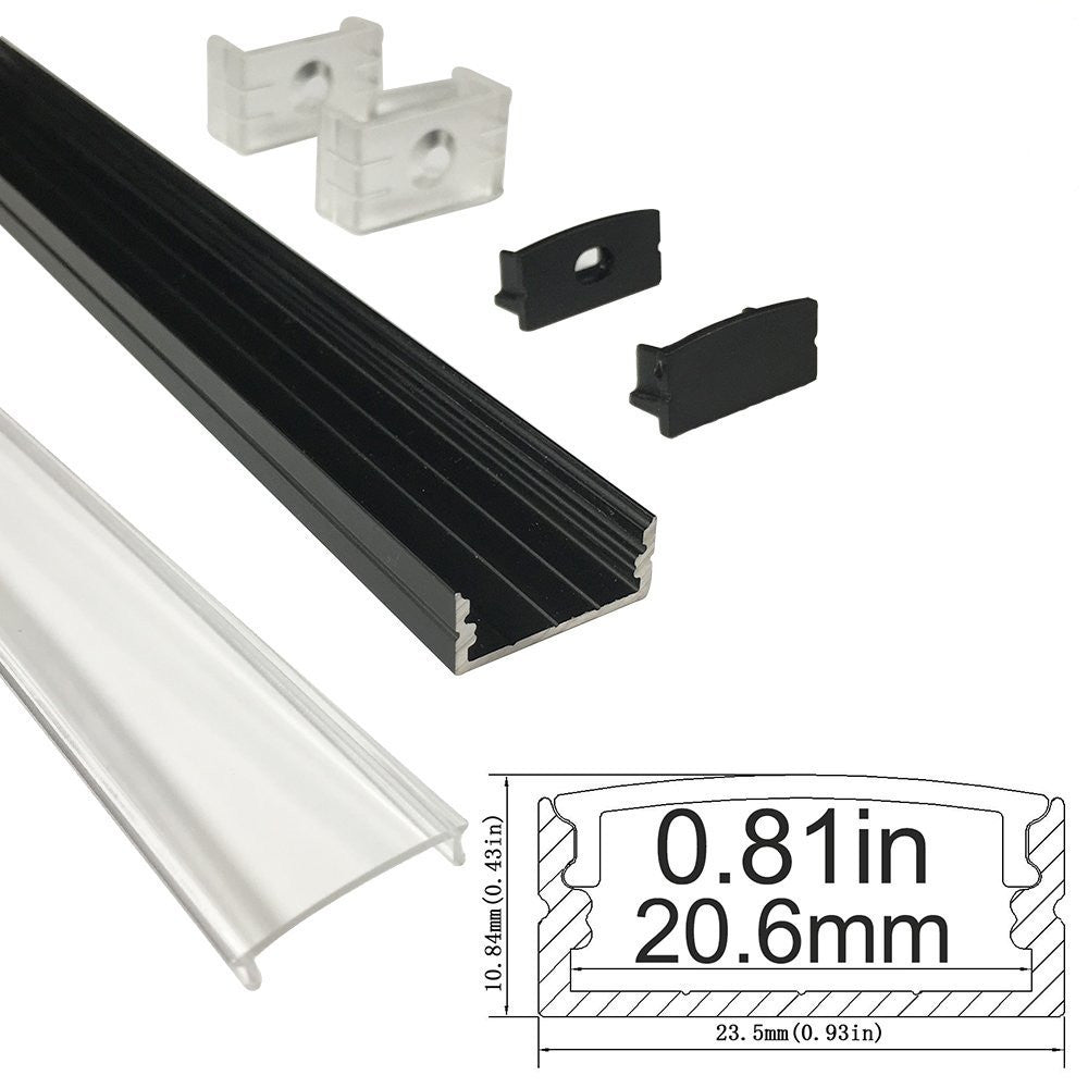 Schwarzes U04 10 x 23 mm U-förmiges Innenmaß 20 mm LED-Aluminium-Kanalsystem mit Abdeckung, Endkappen und Befestigungsklammern, Aluminium-Strangpressprofil für die Installation von LED-Lichtstreifen