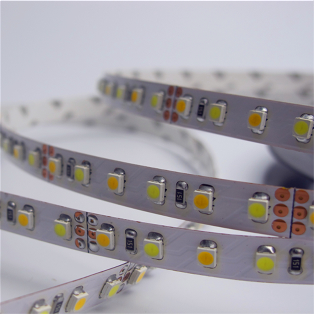 12VDC <48W 4Amp 16.4Feet (5Meter) per Roll SMD3528-600 Dual White (Pure White + Warm White) LED Color Temperature CCT Adjustable Flexible LED Strip Light 60 LED 9.6Watt per Meter White PCB Tape Light