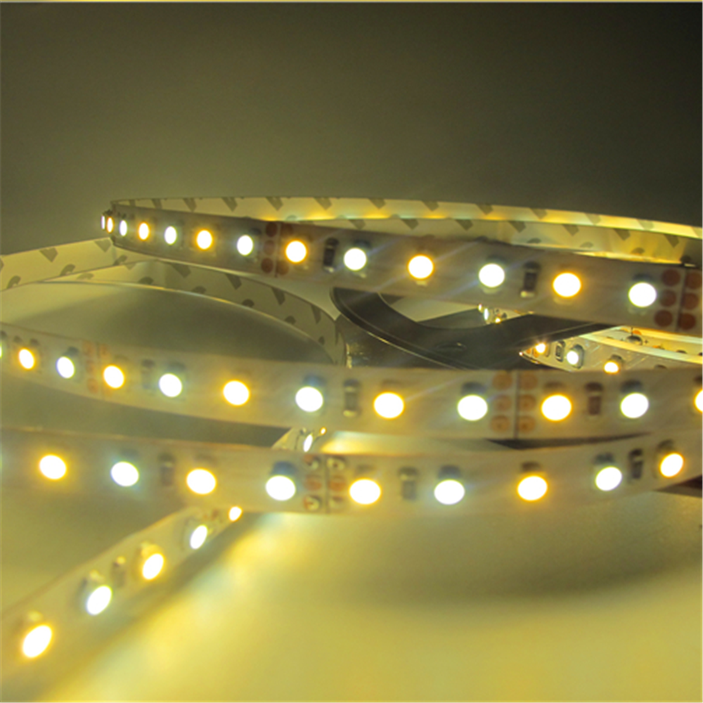 12VDC <48W 4Amp 16.4Feet (5Meter) per Roll SMD3528-600 Dual White (Pure White + Warm White) LED Color Temperature CCT Adjustable Flexible LED Strip Light 60 LED 9.6Watt per Meter White PCB Tape Light