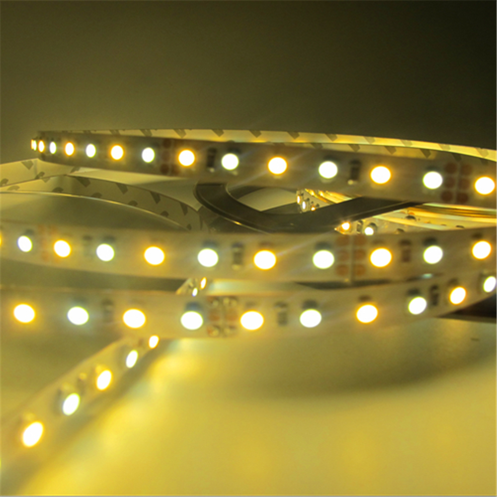 12VDC <48W 4Amp 16.4Feet (5Meter) per Roll SMD3528-600 Dual White (Pure White + Warm White) LED Color Temperature CCT Adjustable Flexible LED Strip Light 60 LED 9.6Watt per Meter White PCB Tape Light