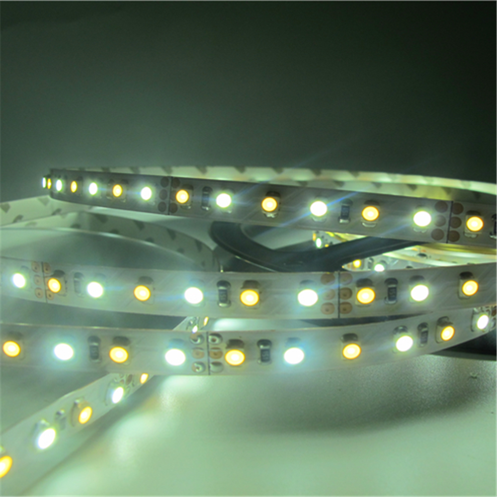 12VDC <48W 4Amp 16.4Feet (5Meter) per Roll SMD3528-600 Dual White (Pure White + Warm White) LED Color Temperature CCT Adjustable Flexible LED Strip Light 60 LED 9.6Watt per Meter White PCB Tape Light