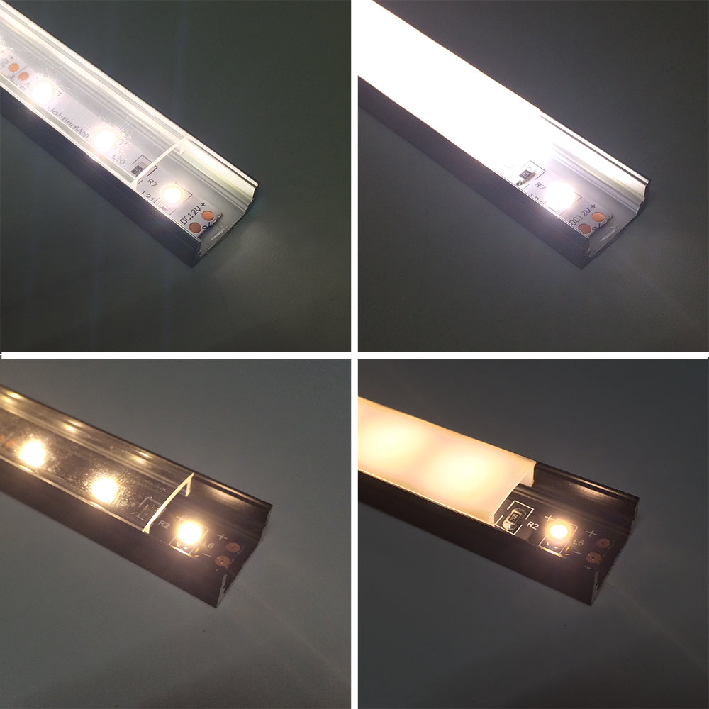 Black U01 9x23mm U-Shape Internal Profile Width 12mm LED Aluminum Channel System with Cover, End Caps and Mounting Clips for LED Strip Light Installations