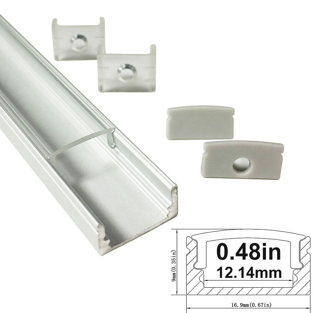 Silver U02 9x17mm U-Shape Internal Profile Width 12mm LED Aluminum Channel System with Cover, End Caps and Mounting Clips for LED Strip Light Installations