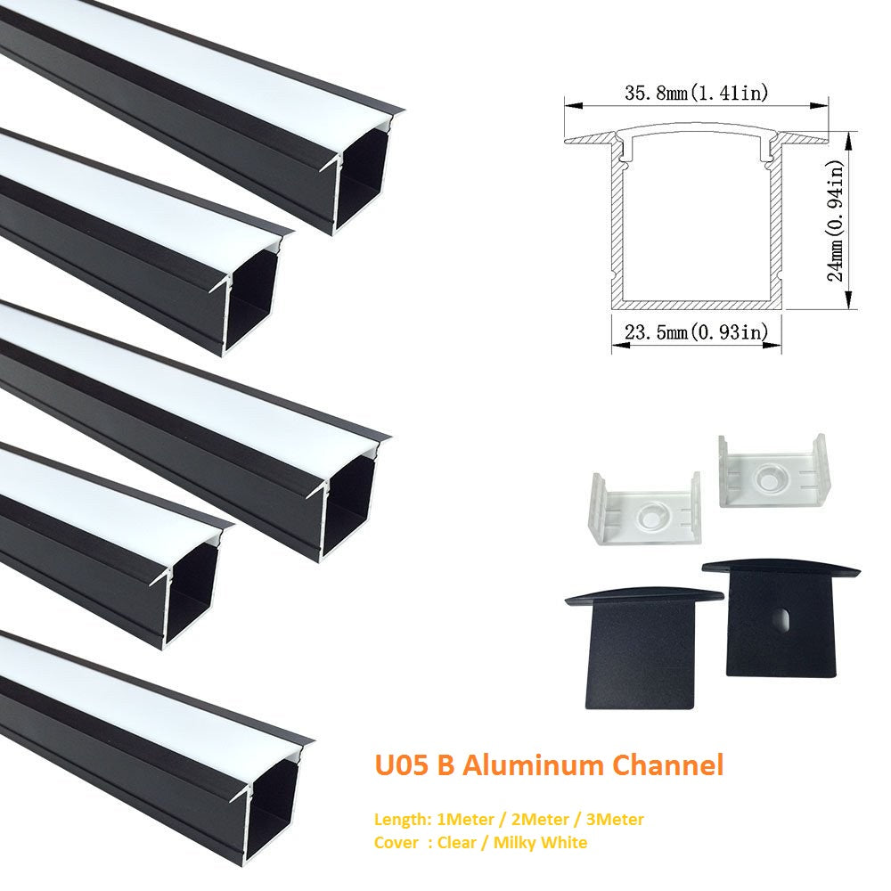 Schwarzes U05 36 x 24 mm U-förmiges Innenmaß 20 mm LED-Aluminium-Kanalsystem mit Abdeckung, Endkappen und Befestigungsklammern Aluminiumprofil für LED-Lichtstreifen ohne Fleckeninstallationen