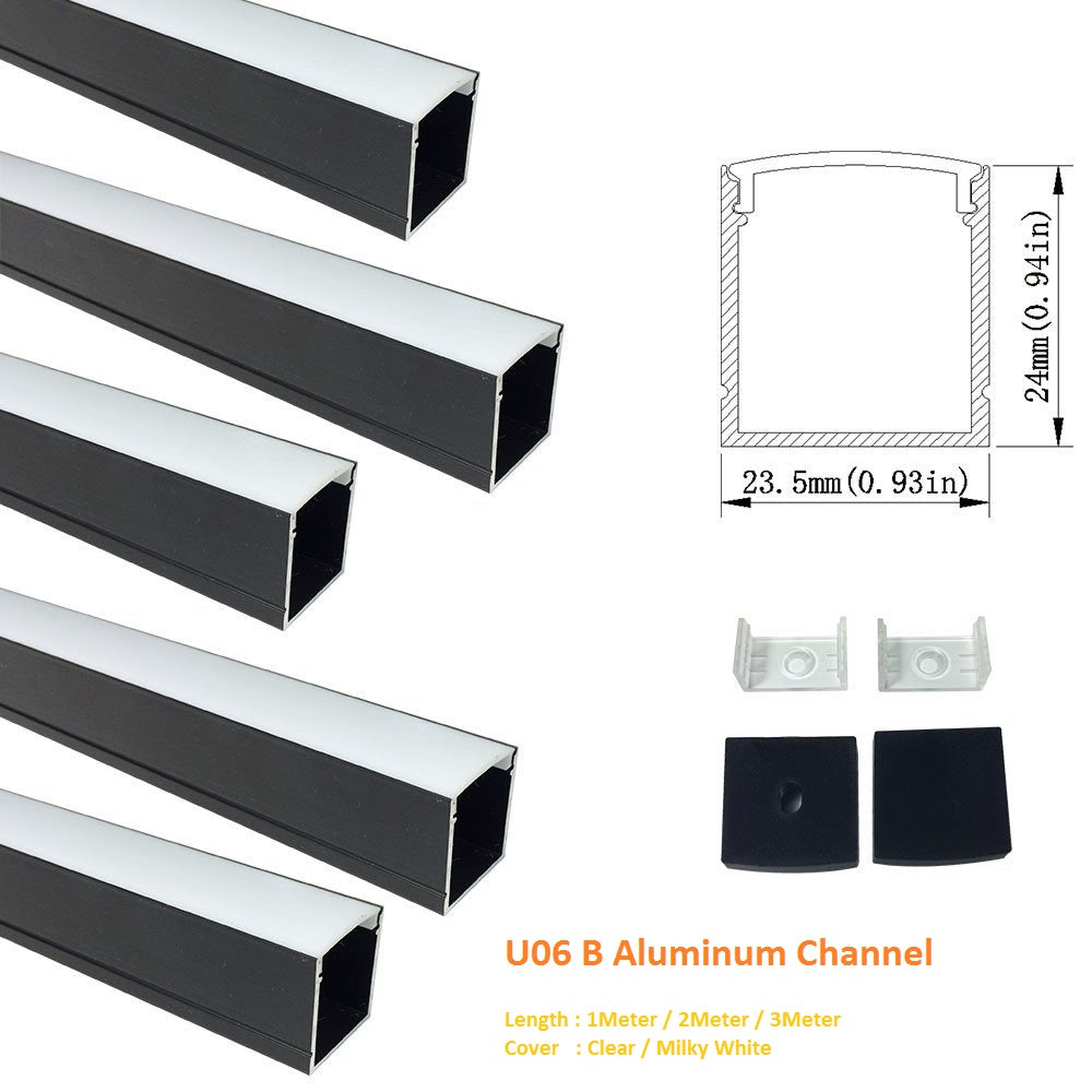 Schwarzer U06 24 x 24 mm silberner U-förmiger LED-Aluminiumkanal, Innenbreite 20 mm, mit weißer Diffusorabdeckung, Endkappen und Befestigungsclips für die punktfreie Installation von LED-Lichtstreifen