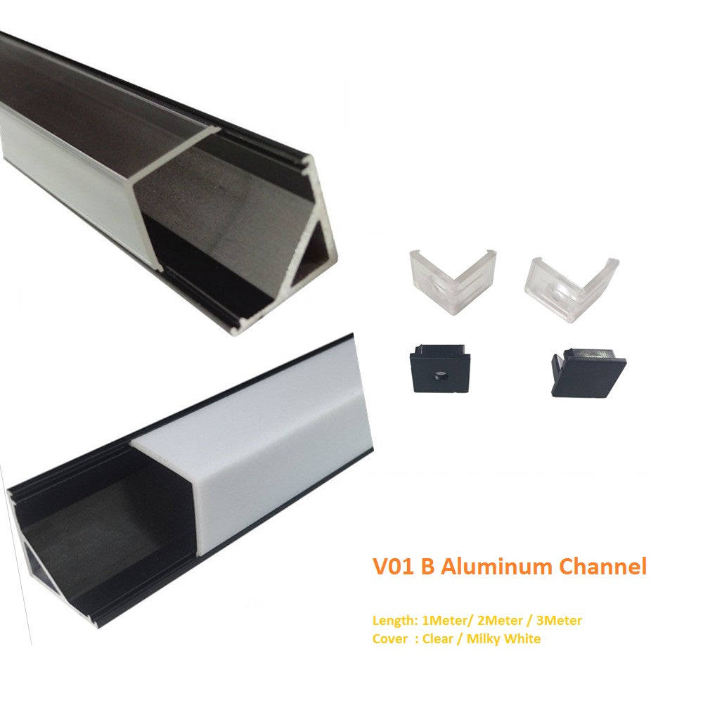 Schwarz V01 16x16mm V-förmige vertikale Winkelabdeckung Innenbreite 12mm Eckmontage LED-Aluminiumkanal mit Endkappen und Montageclips Aluminium-Extrusion