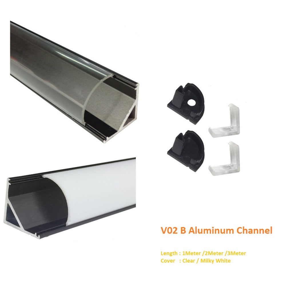 Schwarzer V02 16x16mm V-förmiger gebogener Abdeckungskanal, Innenbreite 12mm, Eckmontage, LED-Aluminiumkanal mit Endkappen und Montageklammern, Aluminiumprofil