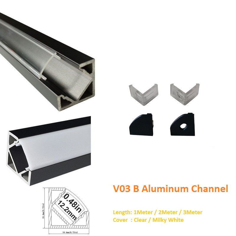 Schwarzer V03 18 x 18 mm V-förmiger LED-Aluminiumkanal mit 12 mm Innenbreite für Eckmontage mit klarer/milchig weißer Abdeckung, Endkappen und Befestigungsclips für flexible/harte LED-Lichtstreifen