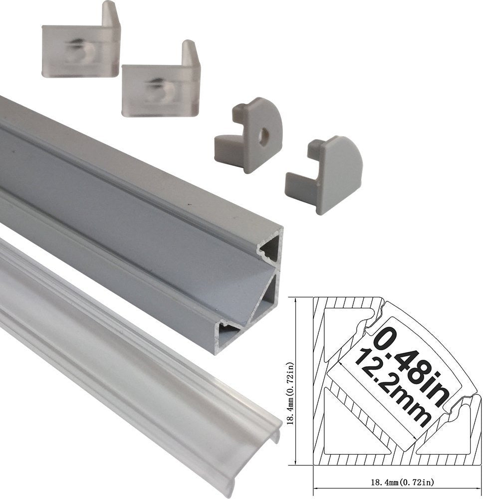 Silber V03 18 x 18 mm V-förmiger LED-Aluminiumkanal mit Innenbreite 12 mm für Eckmontage mit klarer/milchig weißer Abdeckung, Endkappen und Befestigungsclips für flexible/harte LED-Lichtstreifen