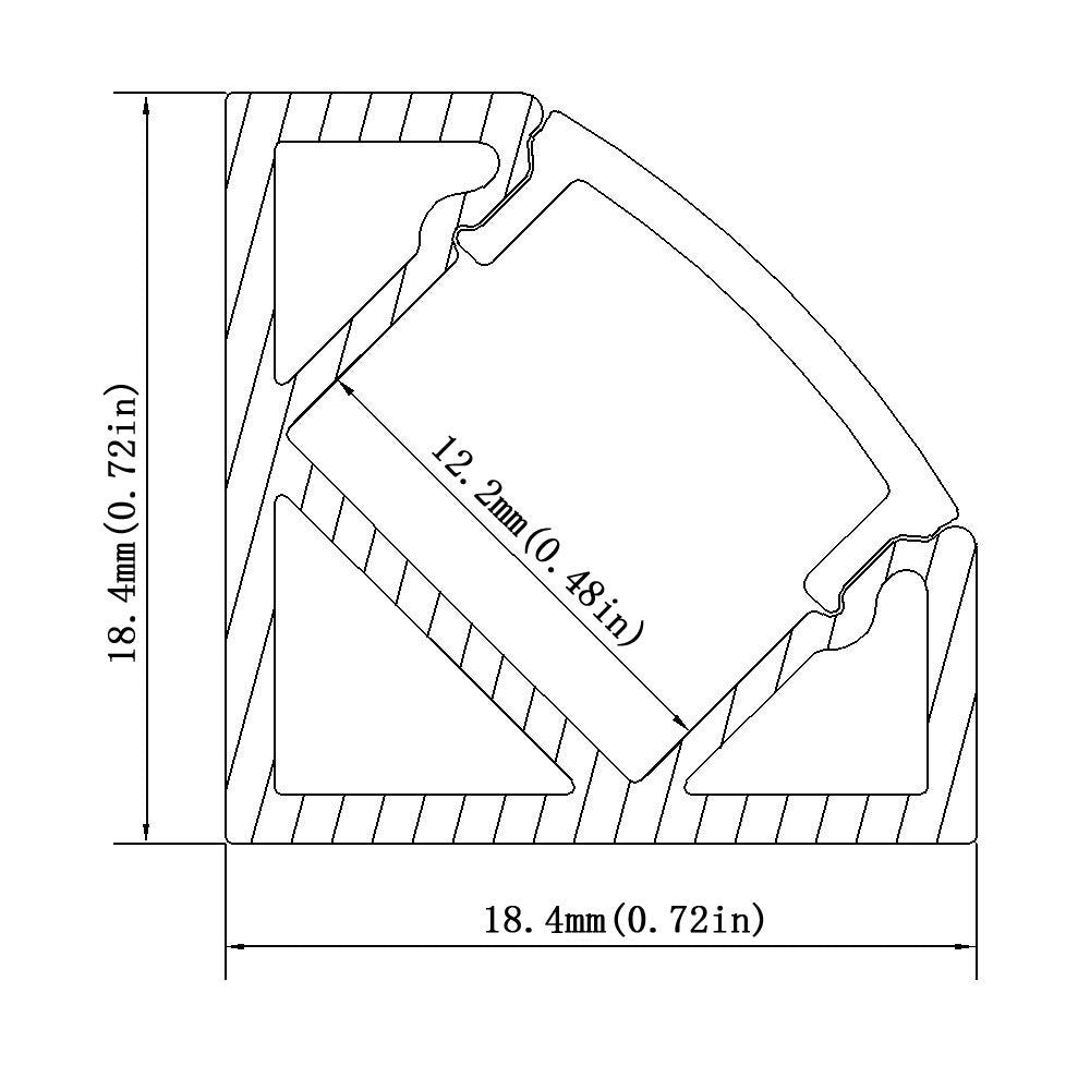Silber V03 18 x 18 mm V-förmiger LED-Aluminiumkanal mit Innenbreite 12 mm für Eckmontage mit klarer/milchig weißer Abdeckung, Endkappen und Befestigungsclips für flexible/harte LED-Lichtstreifen
