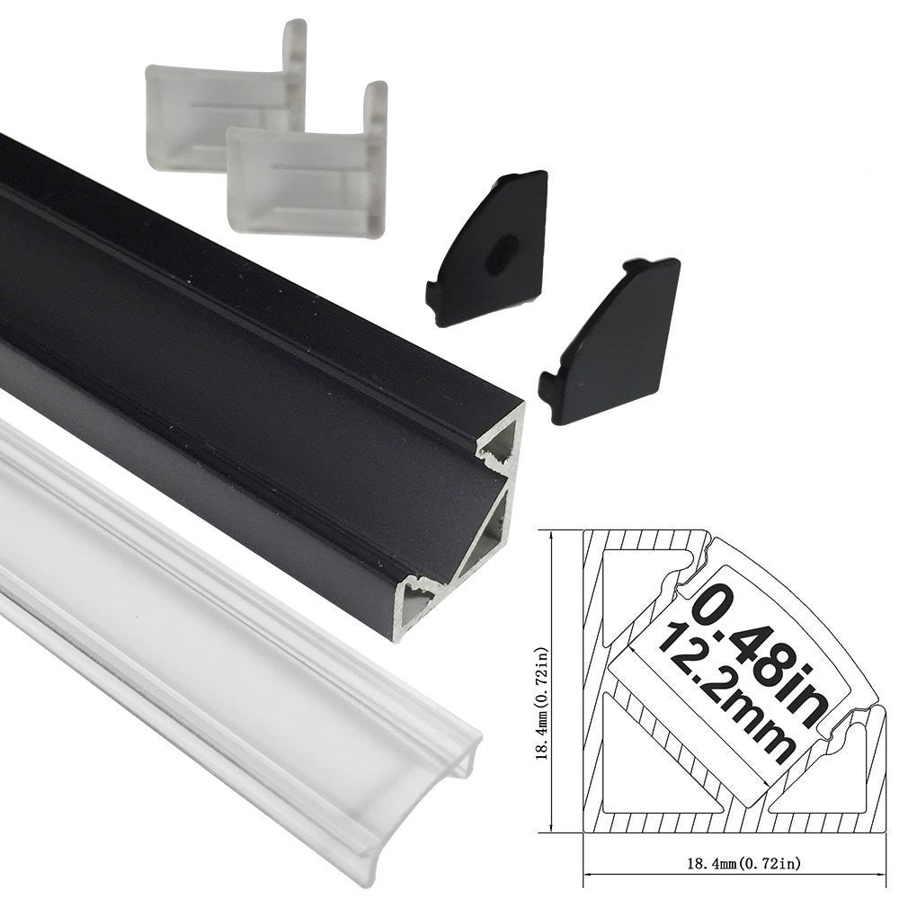 Schwarzer V03 18 x 18 mm V-förmiger LED-Aluminiumkanal mit 12 mm Innenbreite für Eckmontage mit klarer/milchig weißer Abdeckung, Endkappen und Befestigungsclips für flexible/harte LED-Lichtstreifen