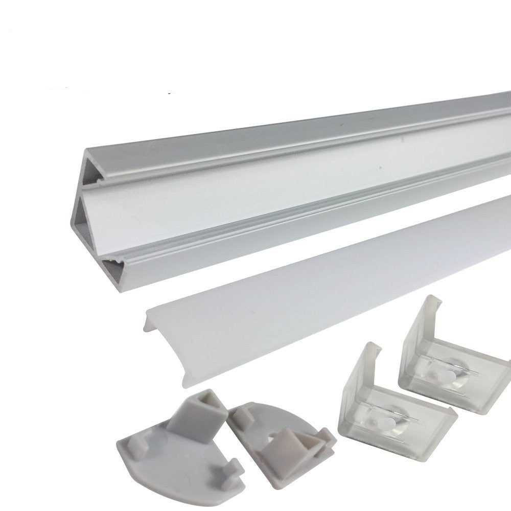 Silber V03 18 x 18 mm V-förmiger LED-Aluminiumkanal mit Innenbreite 12 mm für Eckmontage mit klarer/milchig weißer Abdeckung, Endkappen und Befestigungsclips für flexible/harte LED-Lichtstreifen