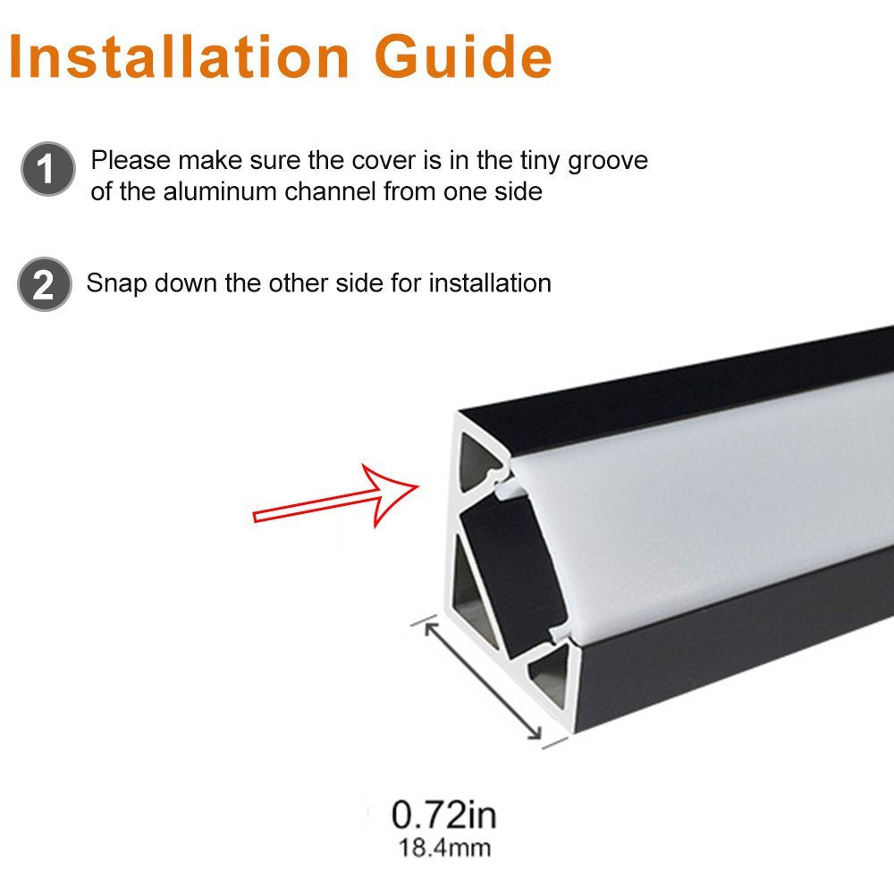 Silber V03 18 x 18 mm V-förmiger LED-Aluminiumkanal mit Innenbreite 12 mm für Eckmontage mit klarer/milchig weißer Abdeckung, Endkappen und Befestigungsclips für flexible/harte LED-Lichtstreifen